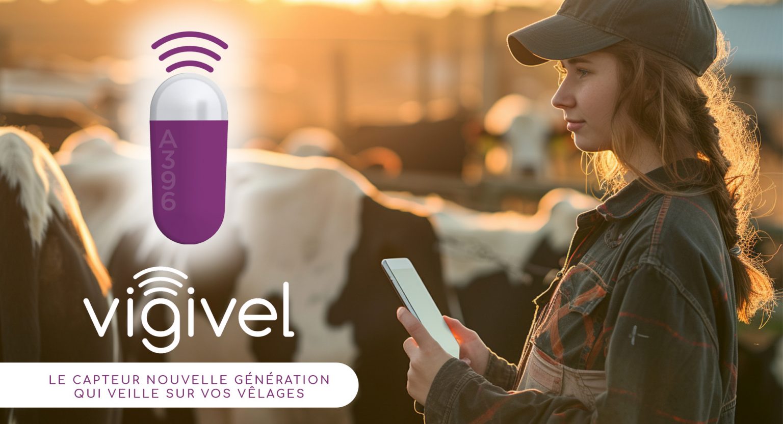 Photo d'une éleveuse devant ses vaches avec une tablette et le produit vigivel à coté